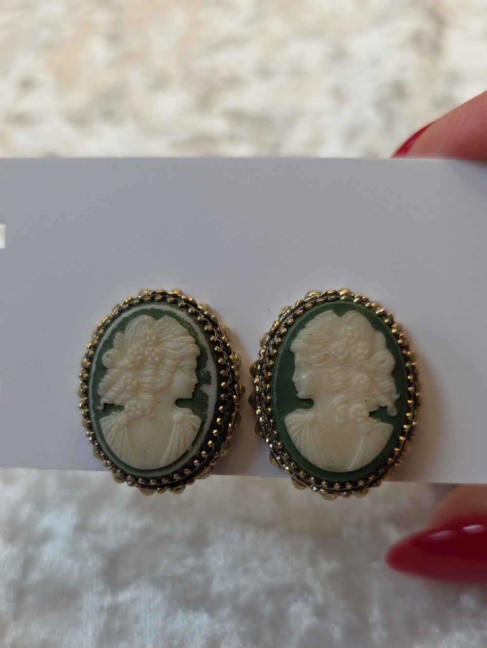 Whiting & Davis Vintage Green and Cream Cameo Clip-On Granny Earrings